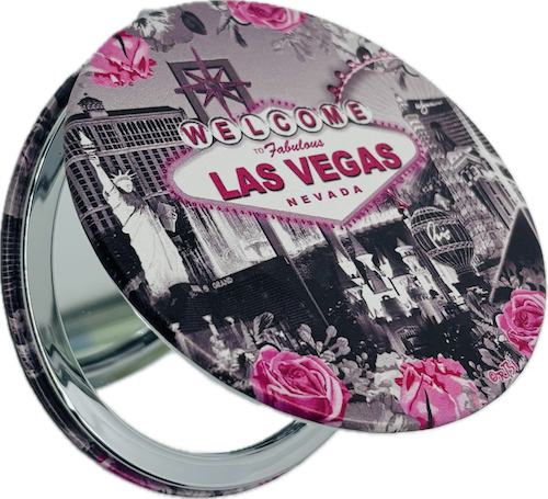 Las Vegas Skyline Pink Rose Circle Compact Mirror - Las Vegas Strip