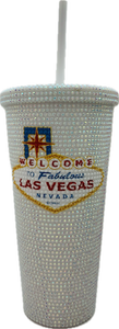 Las Vegas Bling Tumbler – 24 oz Rhinestone Drink Cup with Vegas Sign
