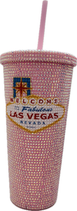 Las Vegas Bling Tumbler – 24 oz Rhinestone Drink Cup with Vegas Sign