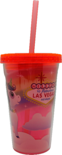 Pink Las Vegas Sign & Unicorns Kids Cup w/ Straw