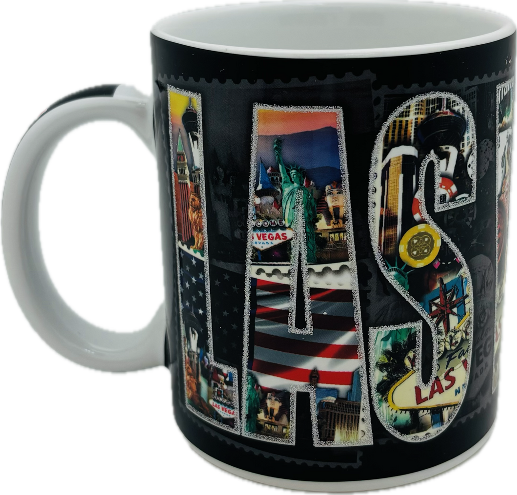 Las Vegas Letter Stamps w/ Collage of City Landmarks - 11 oz - Mug