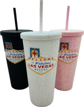 Las Vegas Bling Tumbler – 24 oz Rhinestone Drink Cup with Vegas Sign