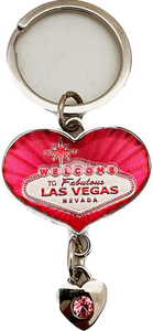 Las Vegas Heart Key Ring with Pink Jewel Charm, Las Vegas Keychain - Heart Shaped