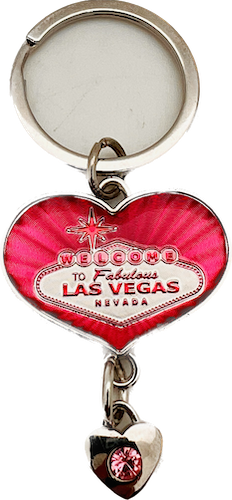 Las Vegas Heart Key Ring with Pink Jewel Charm, Las Vegas Keychain - Heart Shaped