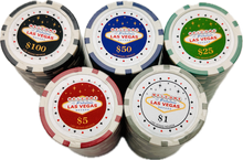 100 Chip Poker Set, Welcome to Las Vegas Sign, 100 11.5g Chips, 5 Denominations, Chip Rack Included