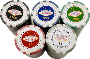 100 Chip Poker Set, Welcome to Las Vegas Sign, 100 11.5g Chips, 5 Denominations, Chip Rack Included