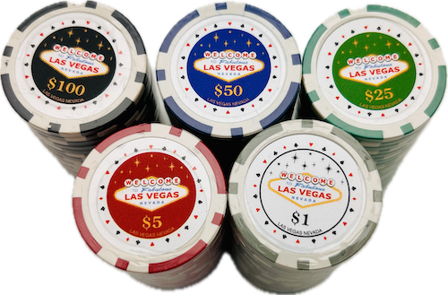 100 Chip Poker Set, Welcome to Las Vegas Sign, 100 11.5g Chips, 5 Denominations, Chip Rack Included