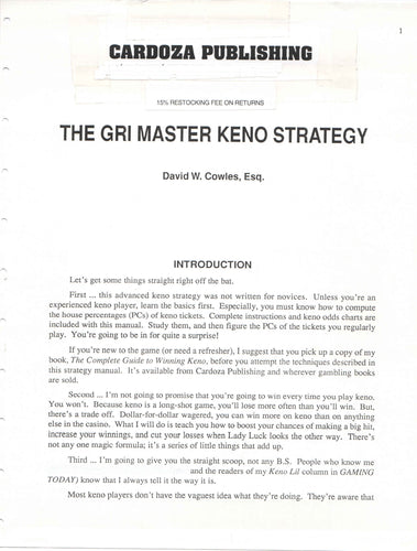 The GRI Master Keno Stategy