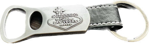 Las Vegas Silver Bottle Opener Leather Strap Keychain